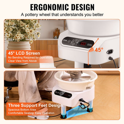 450W Electric Pottery Wheel with Foot Pedal & LCD, 0.28m Ceramic Forming Machine