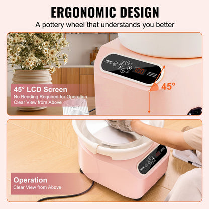 Electric Pottery Wheel with LCD Touch & Foot Pedal, 0.25m, 350W, 3kg Capacity, Pink