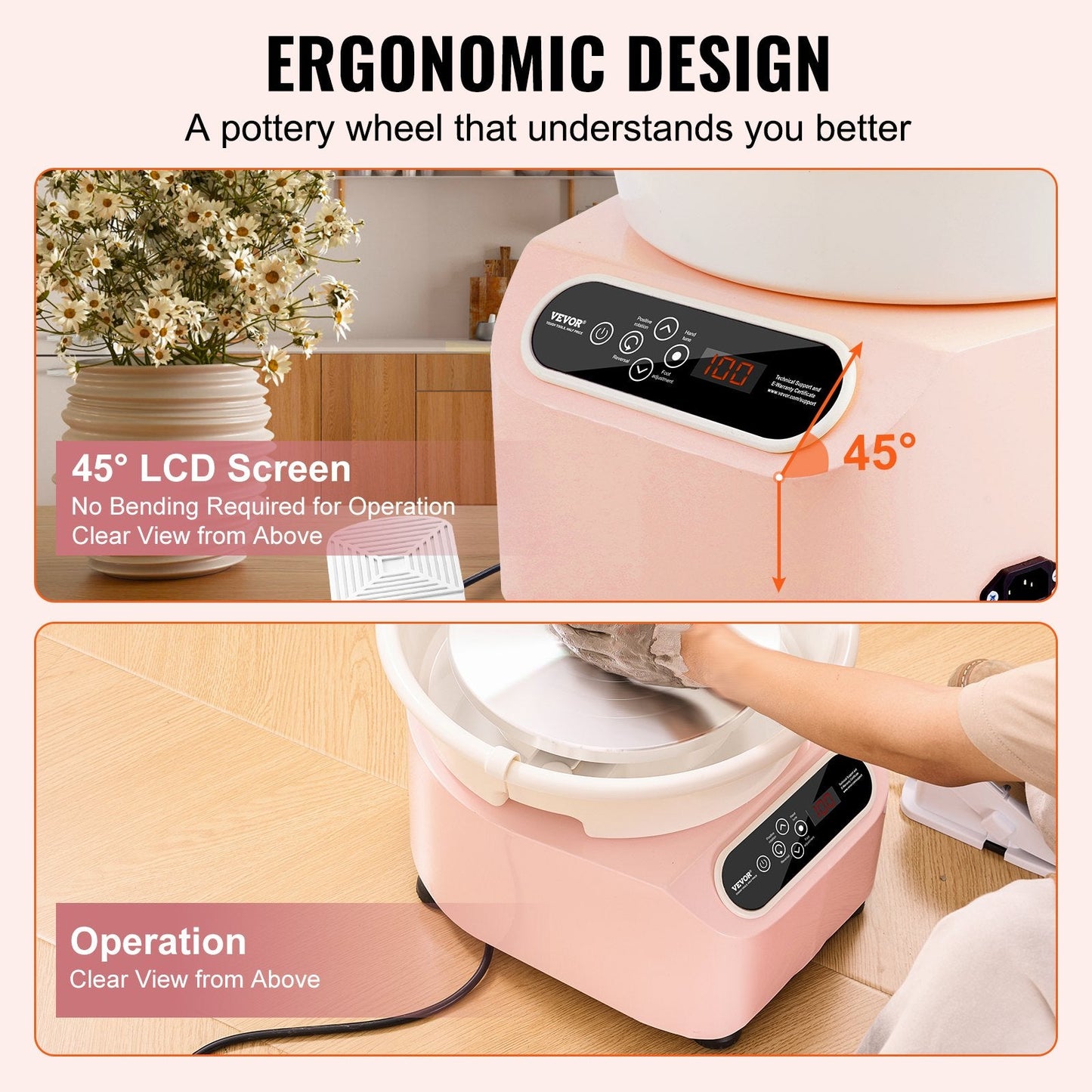 Electric Pottery Wheel with LCD & Foot Pedal, 0.28m, 3kg Capacity, 350W, Pink