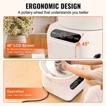 Electric Pottery Wheel, 0.28m Ceramic Machine, 450W with LCD & Foot Pedal, White