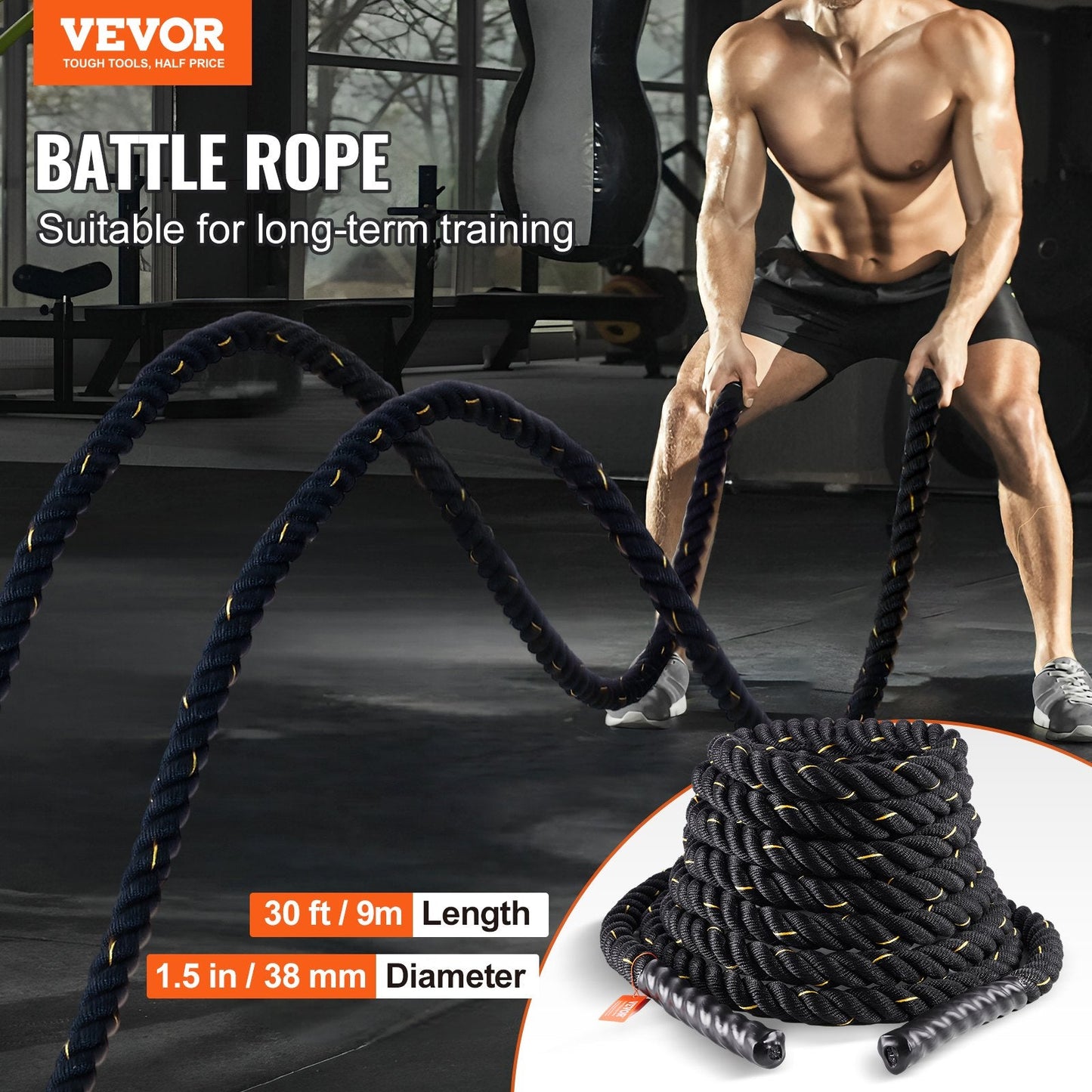 9.1m Fitness Training Rope for Strength & Endurance - Black, 6.8 kg