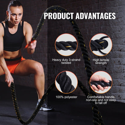 9.1m Fitness Training Rope for Strength & Endurance - Black, 6.8 kg