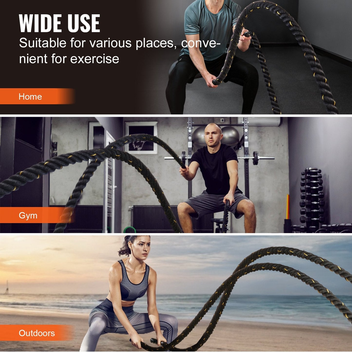 9.1m Fitness Training Rope for Strength & Endurance - Black, 6.8 kg