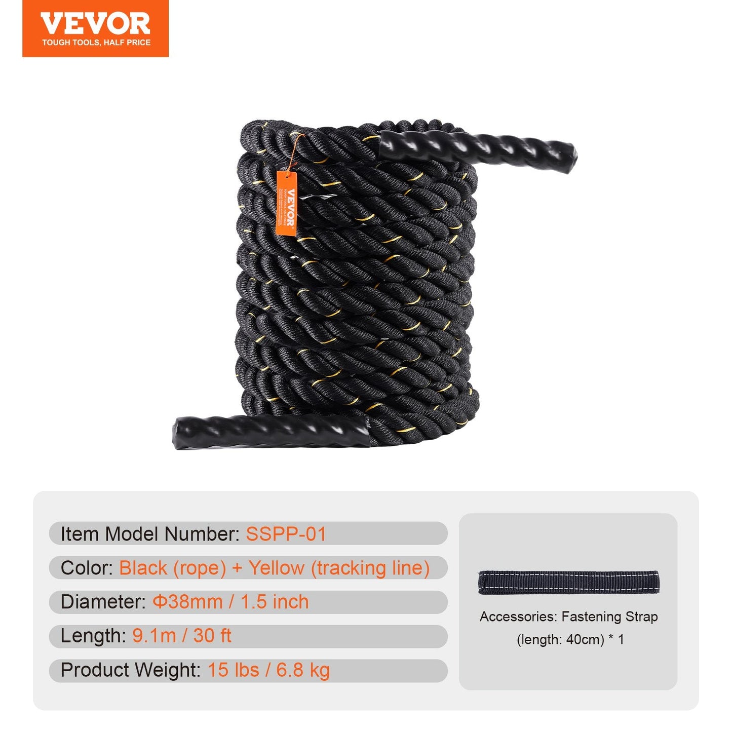 9.1m Fitness Training Rope for Strength & Endurance - Black, 6.8 kg
