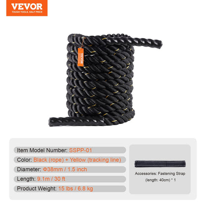 9.1m Fitness Training Rope for Strength & Endurance - Black, 6.8 kg