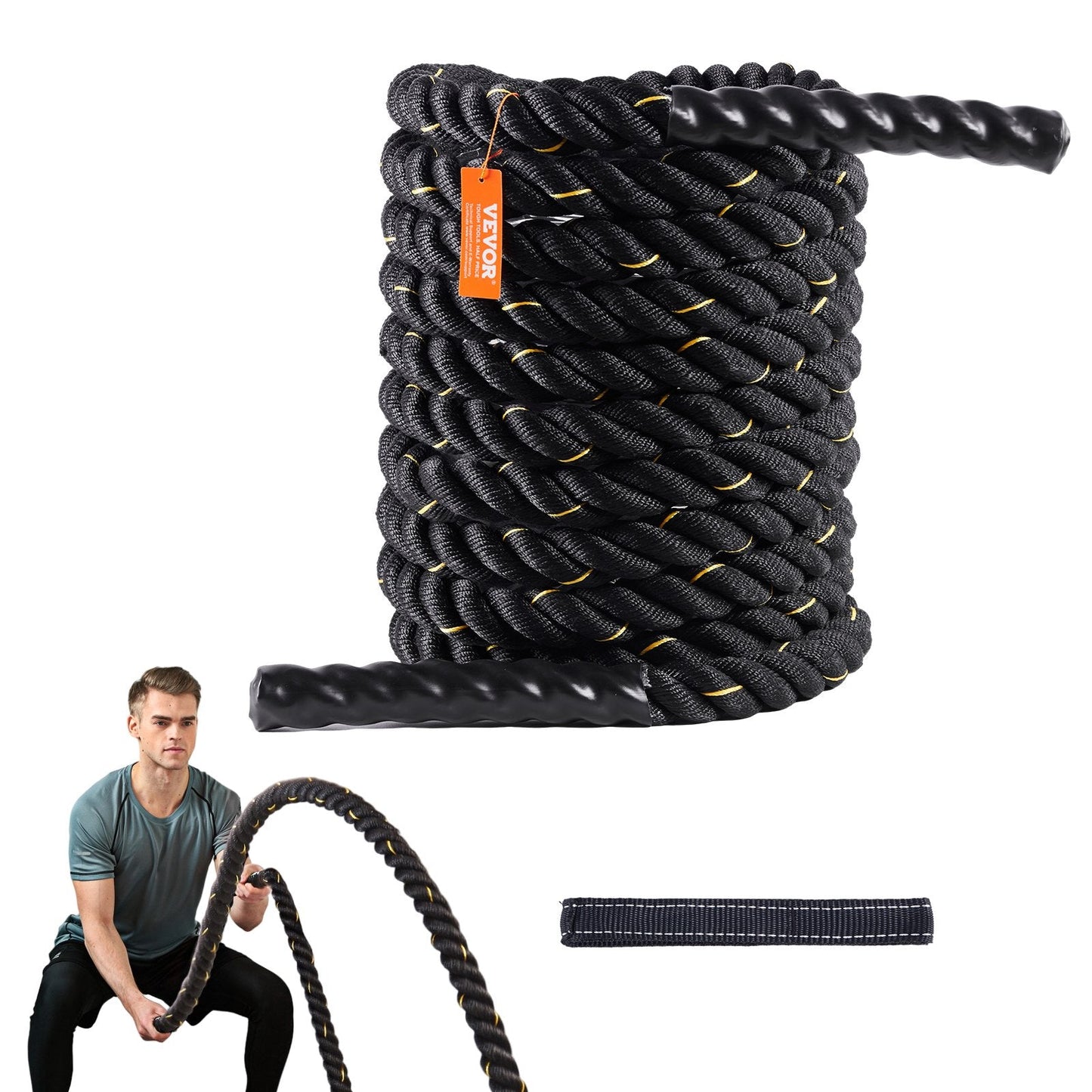 9.1m Fitness Training Rope for Strength & Endurance - Black, 6.8 kg