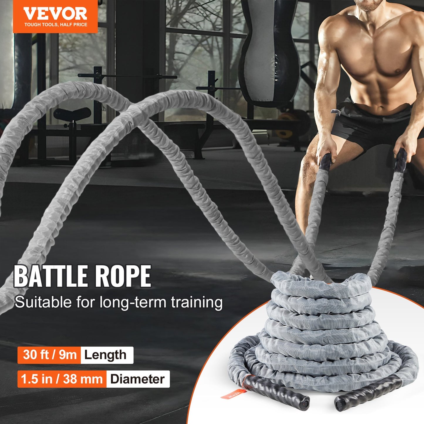 Battle Rope, 1.5 Inch Diameter 30Ft Length Polyester Exercise Rope, Battle Exercise Equipment with Protect Sleeve & Anchor, Heavy Weighted Rope for Home Gym Workout Core Strength Training, Gray