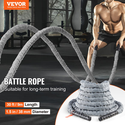 Battle Rope, 1.5 Inch Diameter 30Ft Length Polyester Exercise Rope, Battle Exercise Equipment with Protect Sleeve & Anchor, Heavy Weighted Rope for Home Gym Workout Core Strength Training, Gray