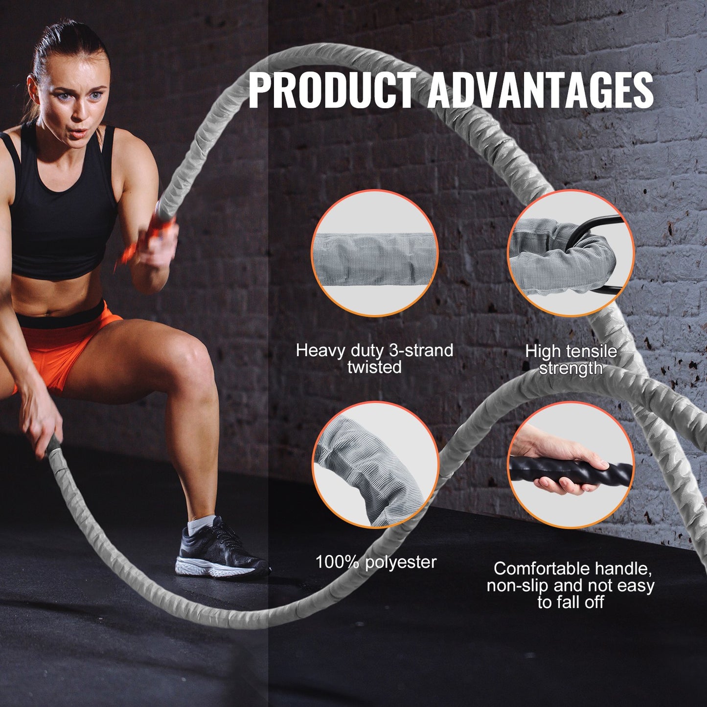 Battle Rope, 1.5 Inch Diameter 30Ft Length Polyester Exercise Rope, Battle Exercise Equipment with Protect Sleeve & Anchor, Heavy Weighted Rope for Home Gym Workout Core Strength Training, Gray