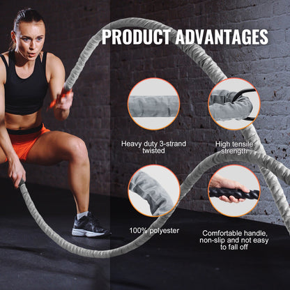 Battle Rope, 1.5 Inch Diameter 30Ft Length Polyester Exercise Rope, Battle Exercise Equipment with Protect Sleeve & Anchor, Heavy Weighted Rope for Home Gym Workout Core Strength Training, Gray
