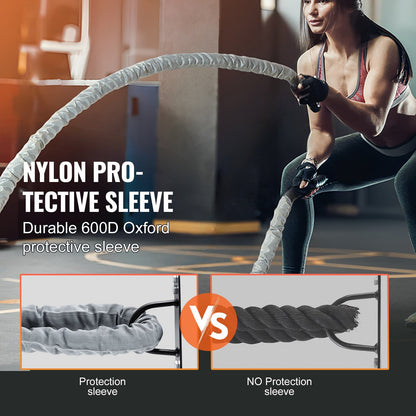 Battle Rope, 1.5 Inch Diameter 30Ft Length Polyester Exercise Rope, Battle Exercise Equipment with Protect Sleeve & Anchor, Heavy Weighted Rope for Home Gym Workout Core Strength Training, Gray