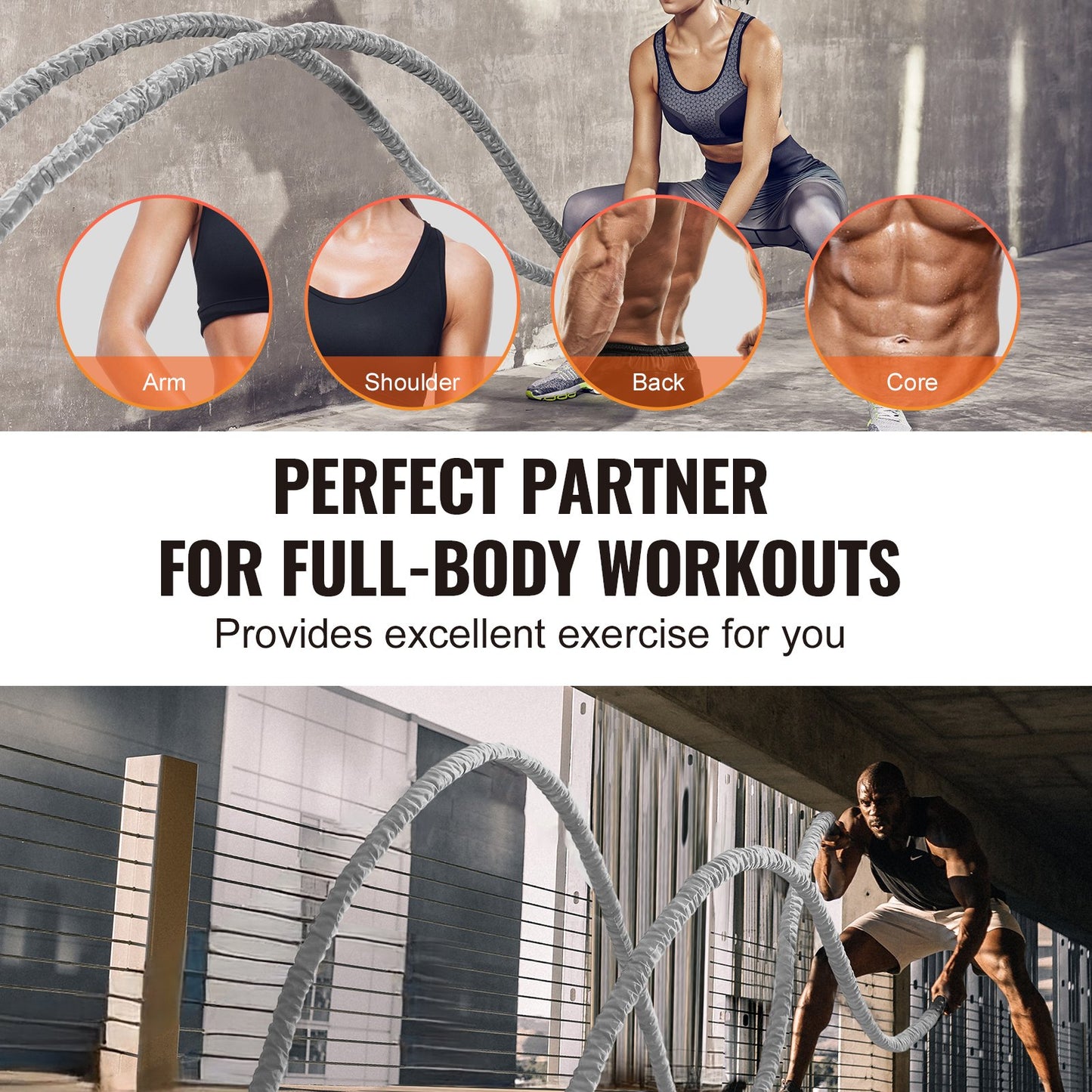 Battle Rope, 1.5 Inch Diameter 30Ft Length Polyester Exercise Rope, Battle Exercise Equipment with Protect Sleeve & Anchor, Heavy Weighted Rope for Home Gym Workout Core Strength Training, Gray