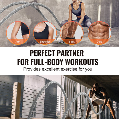 Battle Rope, 1.5 Inch Diameter 30Ft Length Polyester Exercise Rope, Battle Exercise Equipment with Protect Sleeve & Anchor, Heavy Weighted Rope for Home Gym Workout Core Strength Training, Gray