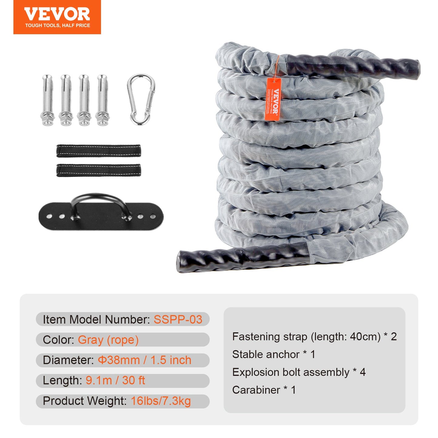 Battle Rope, 1.5 Inch Diameter 30Ft Length Polyester Exercise Rope, Battle Exercise Equipment with Protect Sleeve & Anchor, Heavy Weighted Rope for Home Gym Workout Core Strength Training, Gray