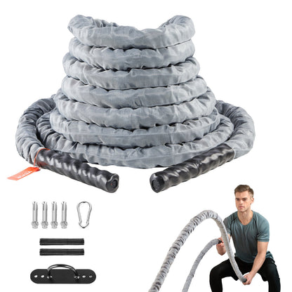 Battle Rope, 1.5 Inch Diameter 30Ft Length Polyester Exercise Rope, Battle Exercise Equipment with Protect Sleeve & Anchor, Heavy Weighted Rope for Home Gym Workout Core Strength Training, Gray
