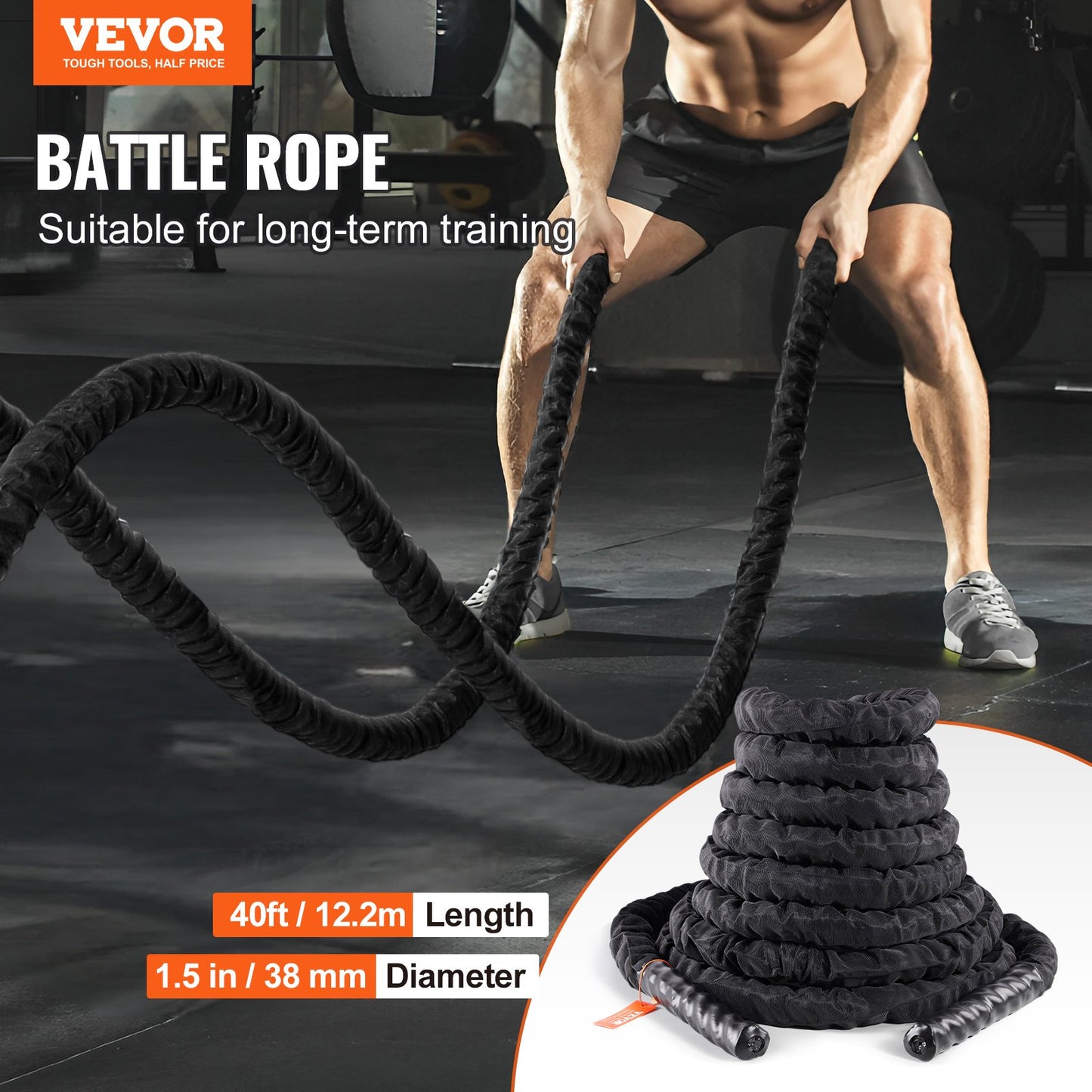VEVOR Battle Rope 1.5" 40Ft Gym Workout Strength Training Exercise Fitness Rope