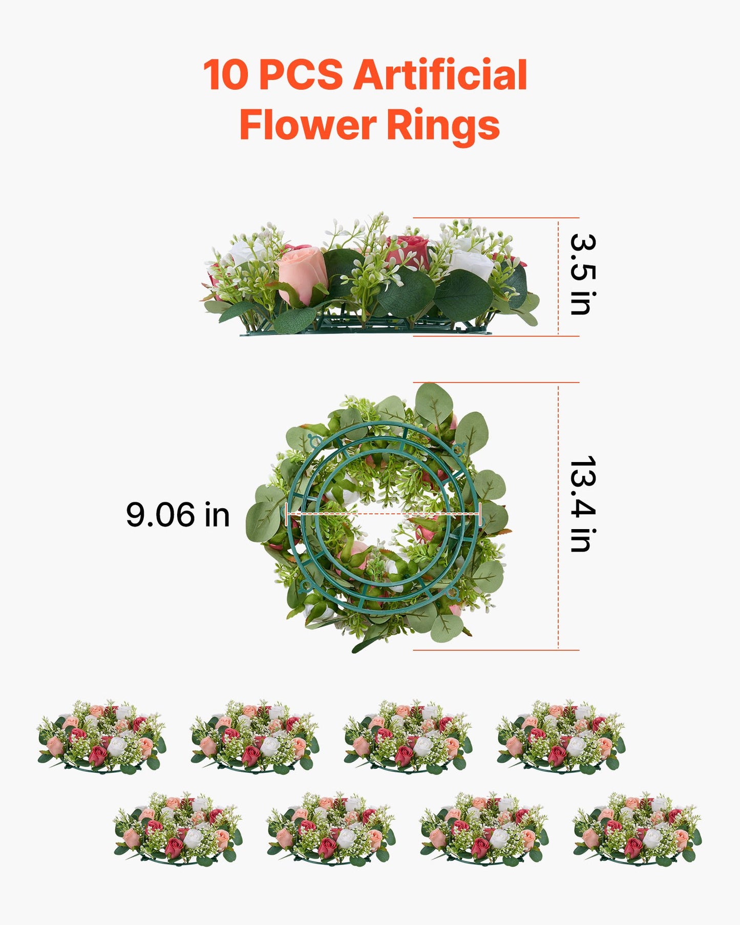 Artificial Rose Wreath, 340 mm Diameter Faux Flower Wreath with Pink and White Roses, Flower Arrangement Centerpiece for Valentine's, Mother's Day, Party, Wedding and Home Table Décor, 10 PCS