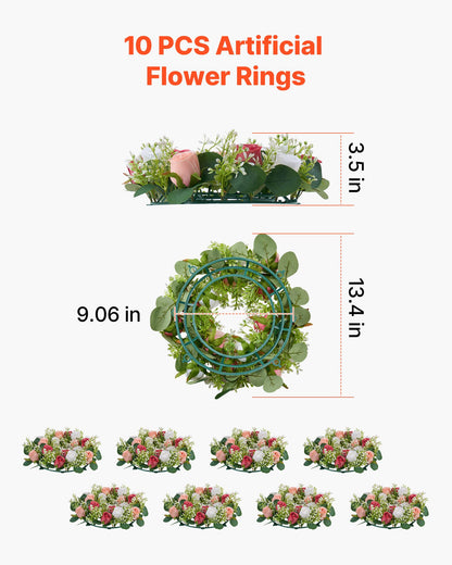 Artificial Rose Wreath, 340 mm Diameter Faux Flower Wreath with Pink and White Roses, Flower Arrangement Centerpiece for Valentine's, Mother's Day, Party, Wedding and Home Table Décor, 10 PCS