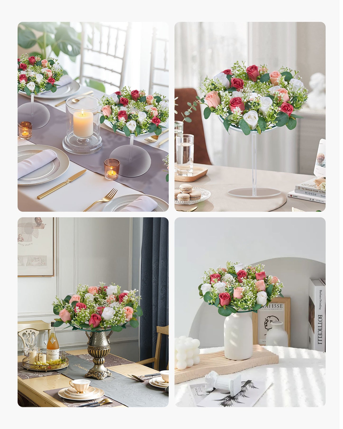 Artificial Rose Wreath, 340 mm Diameter Faux Flower Wreath with Pink and White Roses, Flower Arrangement Centerpiece for Valentine's, Mother's Day, Party, Wedding and Home Table Décor, 10 PCS