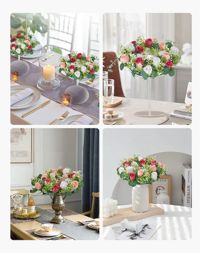 Artificial Rose Wreath, 340 mm Diameter Faux Flower Wreath with Pink and White Roses, Flower Arrangement Centerpiece for Valentine's, Mother's Day, Party, Wedding and Home Table Décor, 10 PCS