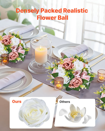 Flower Ball Arrangement Bouquet 10PCS, 240 mm Diameter Artificial Flower Balls Wedding Table Centerpieces, Faux Rose Arrangements for Wedding Centerpiece Home Decoration, Pink and White Roses