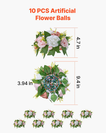 Flower Ball Arrangement Bouquet 10PCS, 240 mm Diameter Artificial Flower Balls Wedding Table Centerpieces, Faux Rose Arrangements for Wedding Centerpiece Home Decoration, Pink and White Roses