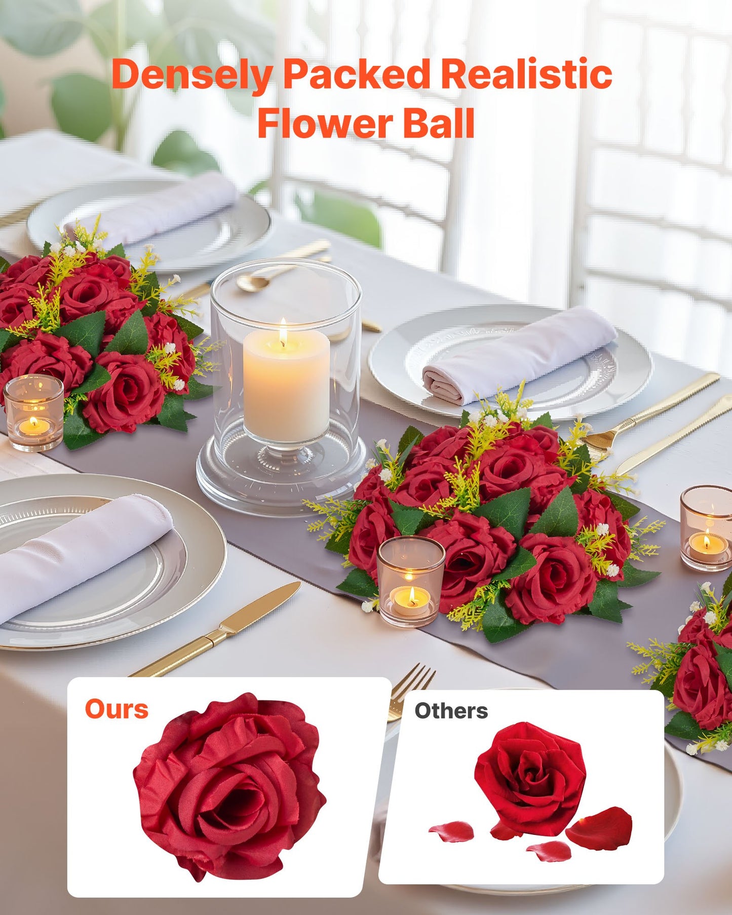 Flower Balls Arrangement Bouquet 10 PCS, 240 mm Wedding Red Roses Centerpieces, Fake Flowers Kissing Balls Decor Artificial Floral Arrangements Flower Bouquet for Home Party Table Decorations