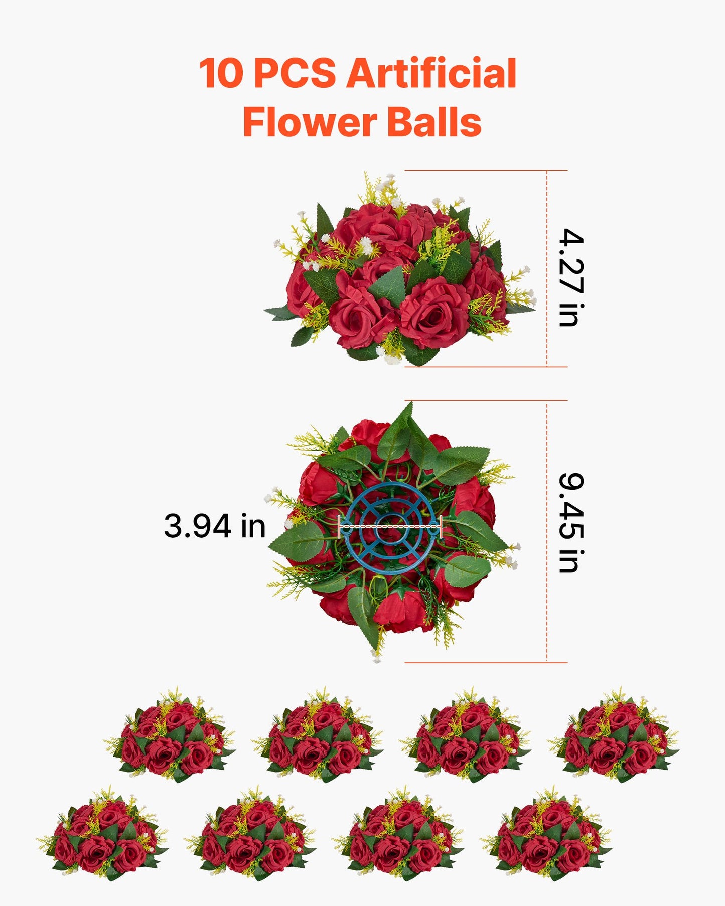 Flower Balls Arrangement Bouquet 10 PCS, 240 mm Wedding Red Roses Centerpieces, Fake Flowers Kissing Balls Decor Artificial Floral Arrangements Flower Bouquet for Home Party Table Decorations