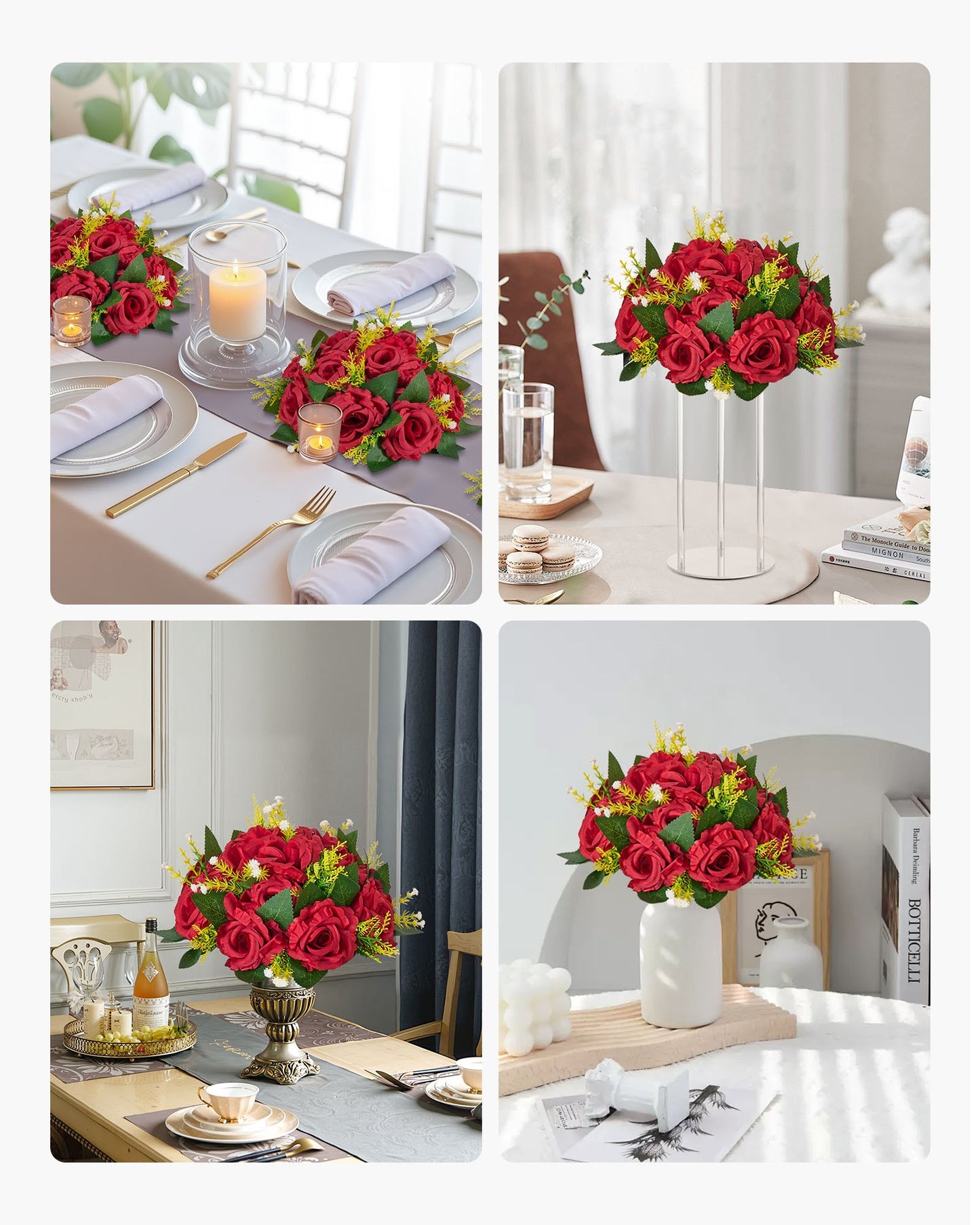 Flower Balls Arrangement Bouquet 10 PCS, 240 mm Wedding Red Roses Centerpieces, Fake Flowers Kissing Balls Decor Artificial Floral Arrangements Flower Bouquet for Home Party Table Decorations