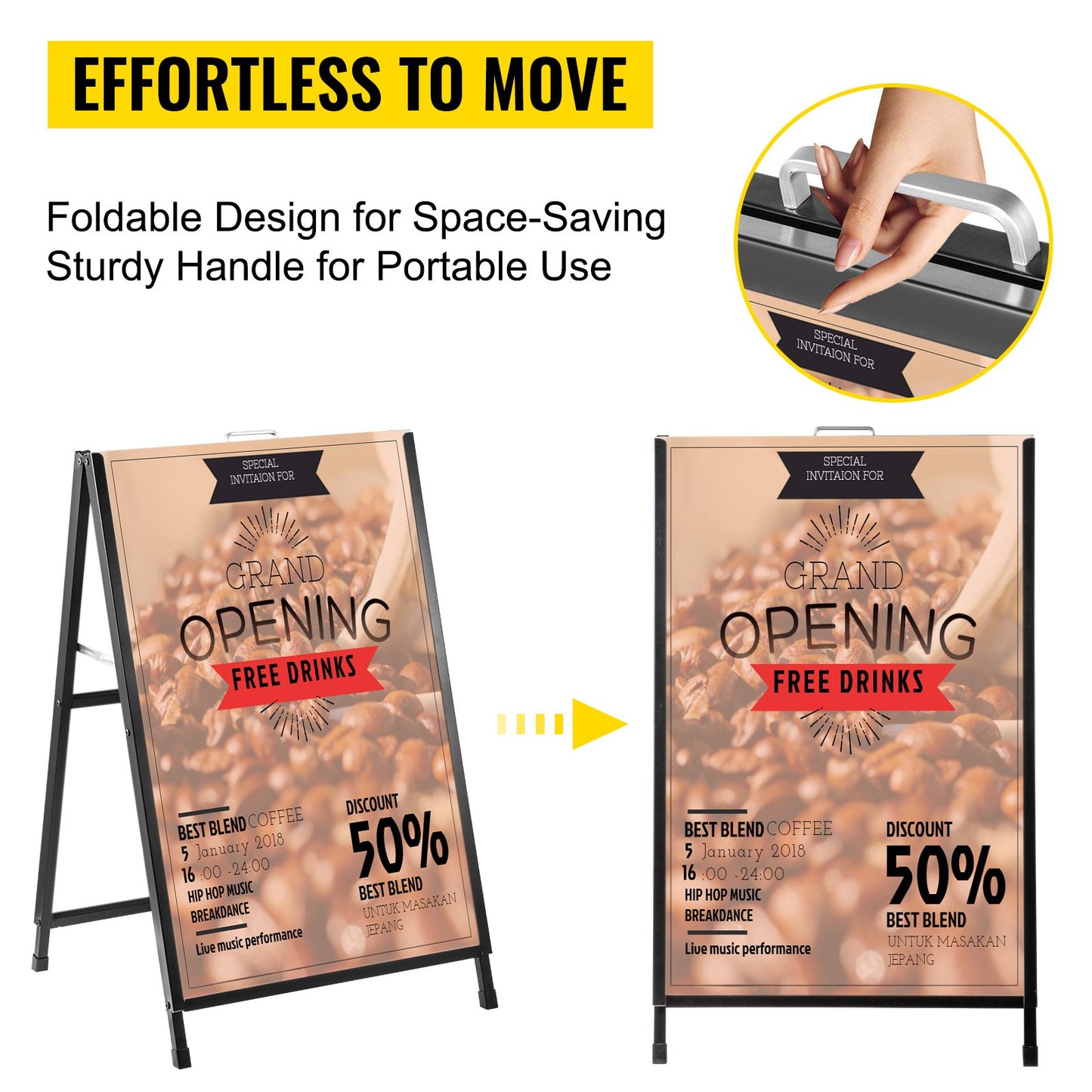 VEVOR A-Frame Sidewalk Sign 24"x36" Sidewalk Signs for Businesses Black Coated Steel