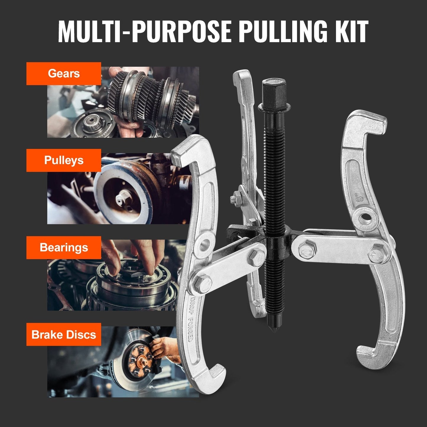 Heavy-Duty 3-Jaw Gear Puller Set, 0.07m to 0.2m, 4-Piece Adjustable Kit