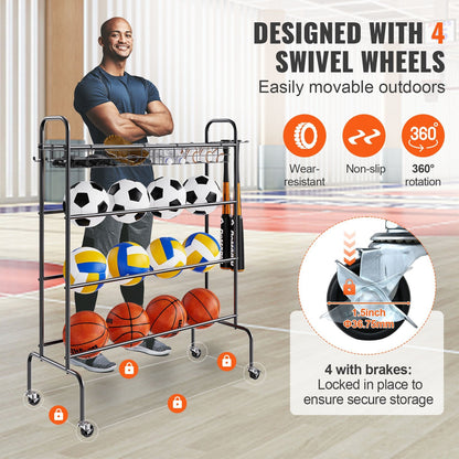 4-Layer Rolling Sports Ball Storage Rack with Wheels & Baskets, 7.11 kg Capacity