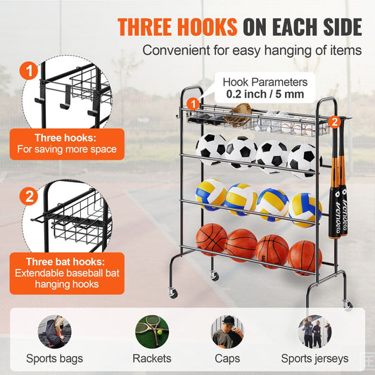 4-Layer Rolling Sports Ball Storage Rack with Wheels & Baskets, 7.11 kg Capacity