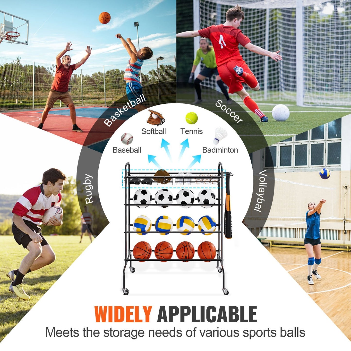 4-Layer Rolling Sports Ball Storage Rack with Wheels & Baskets, 7.11 kg Capacity