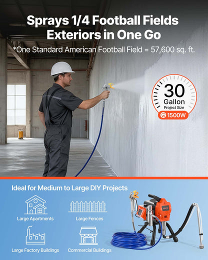 Stand Airless Paint Sprayer, 1500W, 3300PSI High Pressure Airless Sprayer, Cleaning Brush, Hose, Extension Rod, Nozzles, Electric Spray Paint Machine for Large Apartments, Factory Buildings