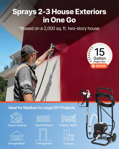 Stand Airless Paint Sprayer, 650W, 3000PSI High Pressure Airless Sprayer with Cart, Cleaning Brush, Hose, Extension Rod, Nozzles, Electric Spray Paint Machine for House Exterior and Interior