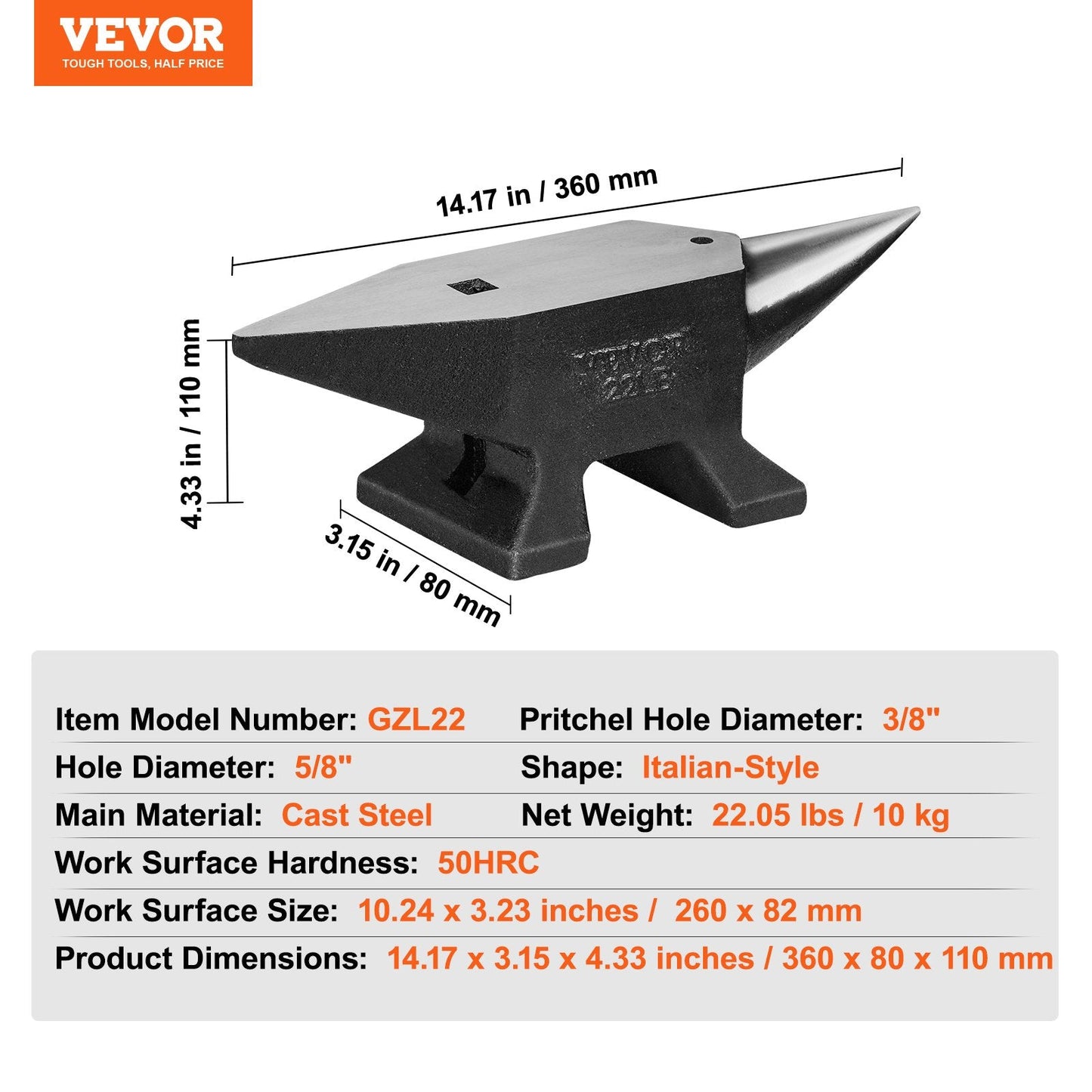Single Horn Cast Steel Anvil, 10kg, Italian-Style, for Metalwork & Blacksmithing