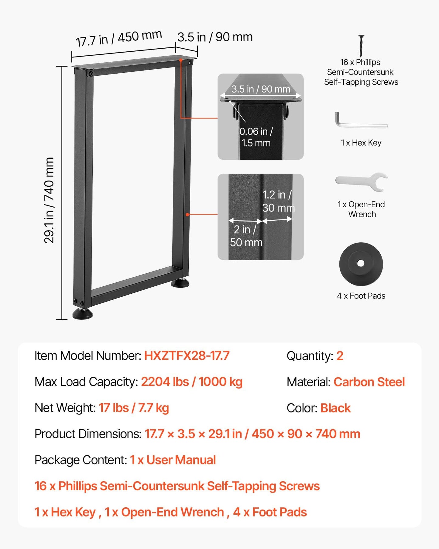 Table Legs, 740 x 450 mm (H x W) Square Steel Furniture Legs, Modular Design, Easy Assembly, 2204 lbs Max Load Heavy Duty, for Home Office Desk, Workbenches, Dinner Bar Tables, Set of 2, Black
