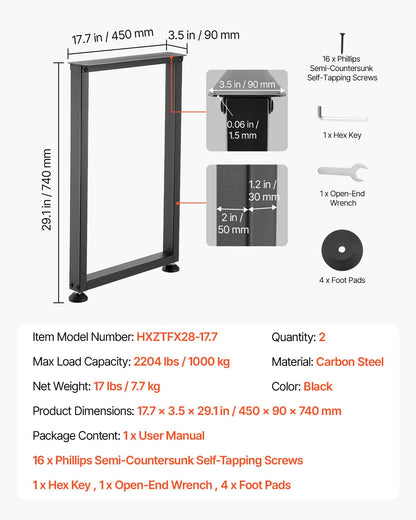 Table Legs, 740 x 450 mm (H x W) Square Steel Furniture Legs, Modular Design, Easy Assembly, 2204 lbs Max Load Heavy Duty, for Home Office Desk, Workbenches, Dinner Bar Tables, Set of 2, Black