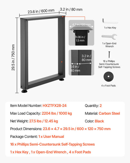 Table Legs, 750 x 600 mm (H x W) Square Steel Furniture Legs, Modular Design, Easy Assembly, 1000 kg Max Load Heavy Duty, for Home Office Desk, Workbenches, Dinner Bar Tables, Set of 2, Black
