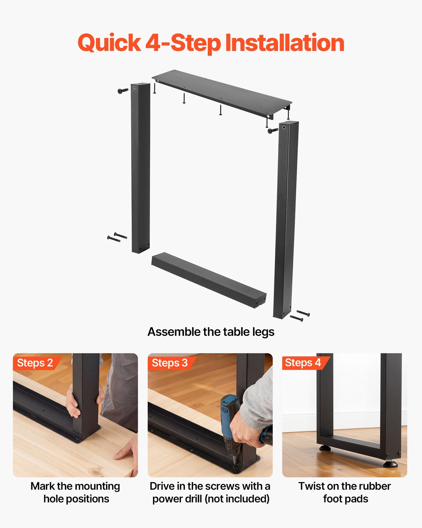Table Legs, 750 x 600 mm (H x W) Square Steel Furniture Legs, Modular Design, Easy Assembly, 1000 kg Max Load Heavy Duty, for Home Office Desk, Workbenches, Dinner Bar Tables, Set of 2, Black