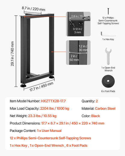 Table Legs, 740 x 450 mm (H x W) Square T Shape Steel Furniture Legs, Modular Design, Easy Assembly, 1000 kg Max Load Heavy Duty, for Home Office Desk, Dinner Table, Workbench, Set of 2, Black