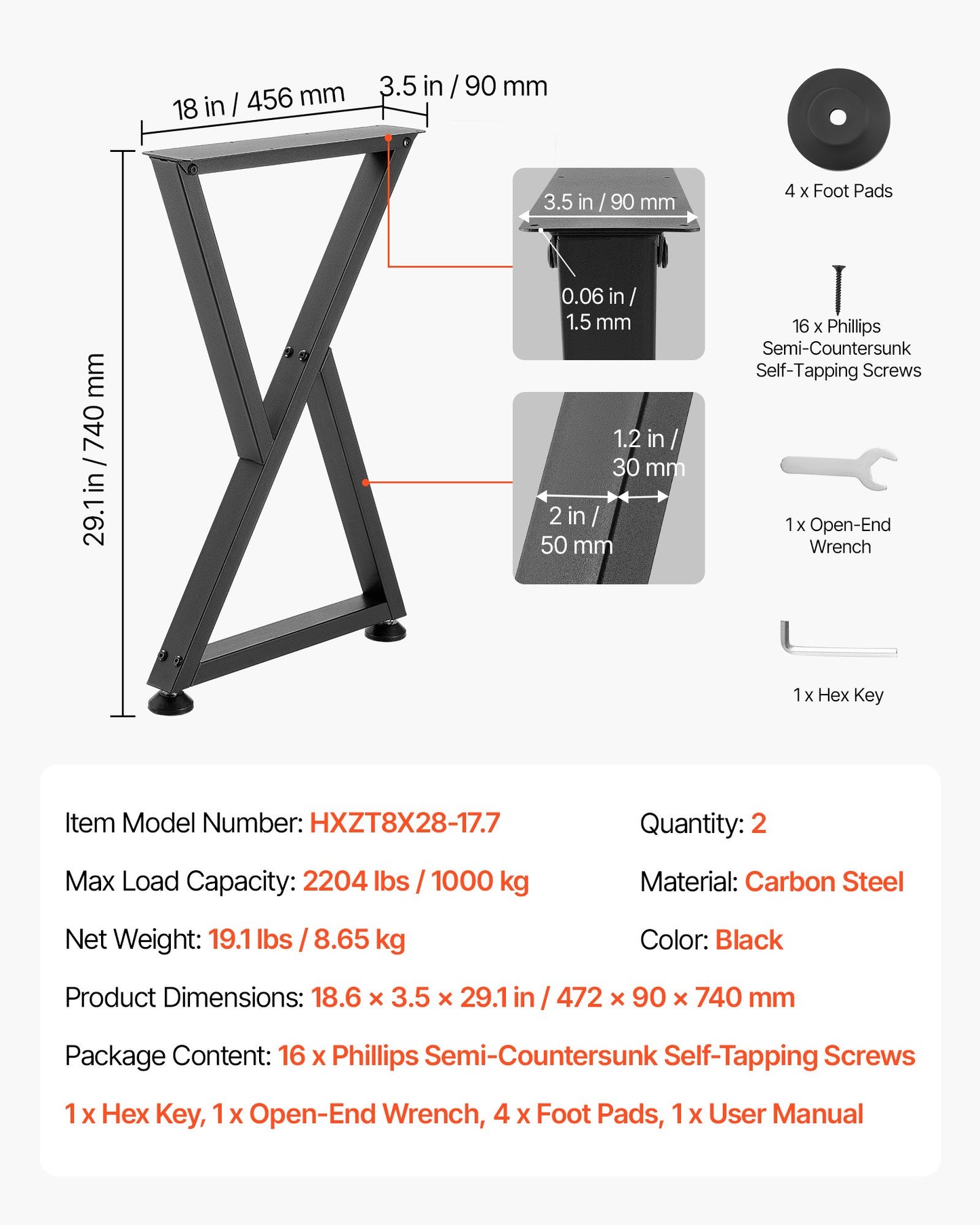 Table Legs, 740 x 472 mm (H x W) Steel Furniture Legs, Modular Design, Easy Assembly, 1000 kg Max Load Heavy Duty, Z Shape for Home Office Desk DIY, Coffee Dinner Tables, Workbench,2 PCS, Black