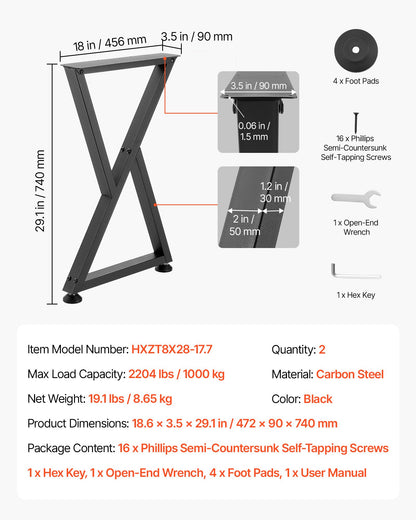 Table Legs, 740 x 472 mm (H x W) Steel Furniture Legs, Modular Design, Easy Assembly, 1000 kg Max Load Heavy Duty, Z Shape for Home Office Desk DIY, Coffee Dinner Tables, Workbench,2 PCS, Black