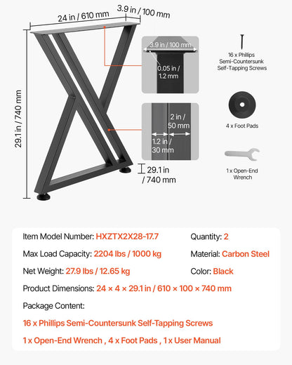Table Legs, 740 x 610 mm (H x W) Steel Furniture Legs, 1000 kg Max Load Heavy Duty, Easy Installation, Stable for Home Office Desk DIY, Coffee Dinner Bar Tables, Workbenches,Set of 2, Black