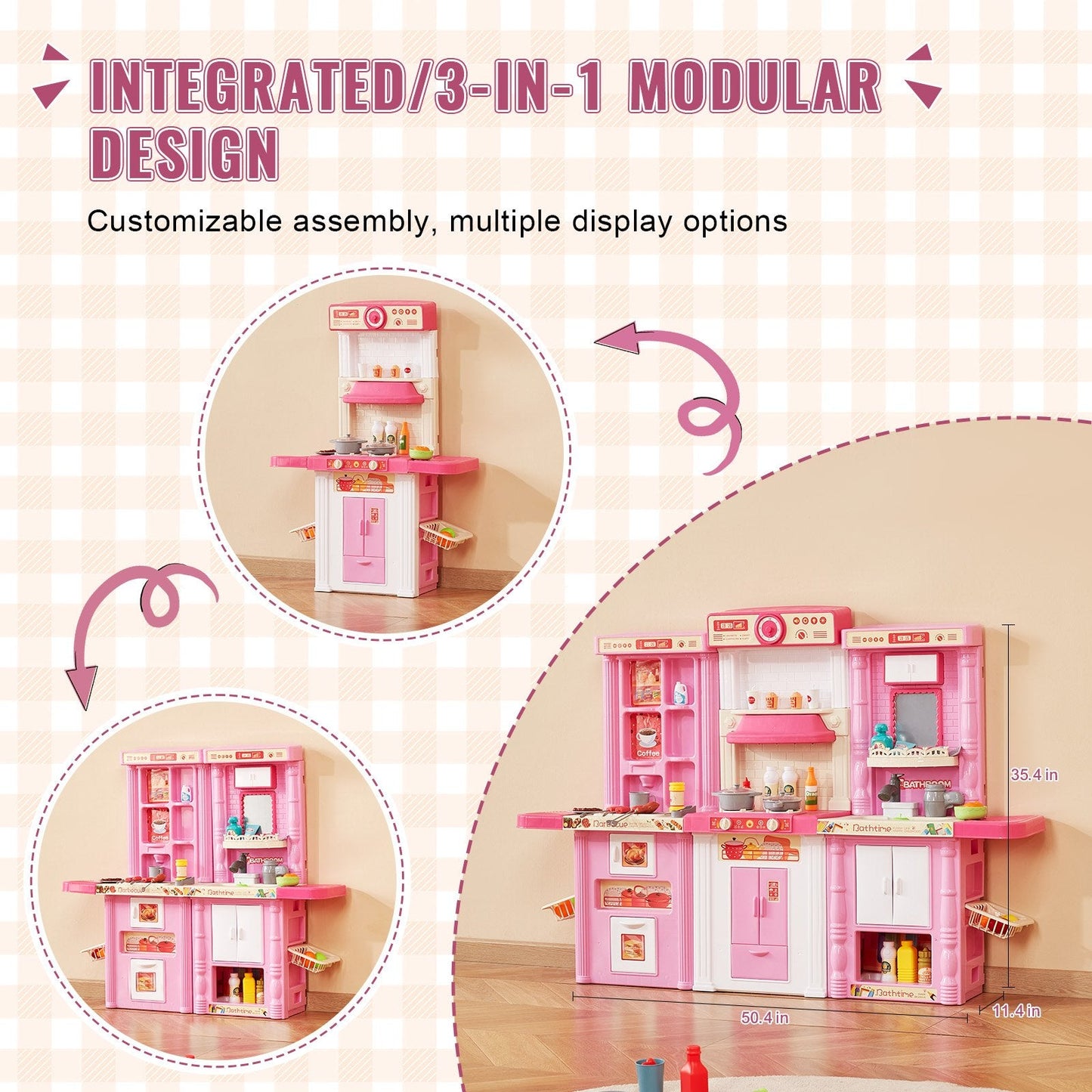 Kids' 3-in-1 Modular Kitchen Playset with 74 Accessories, Pink, 7 kg