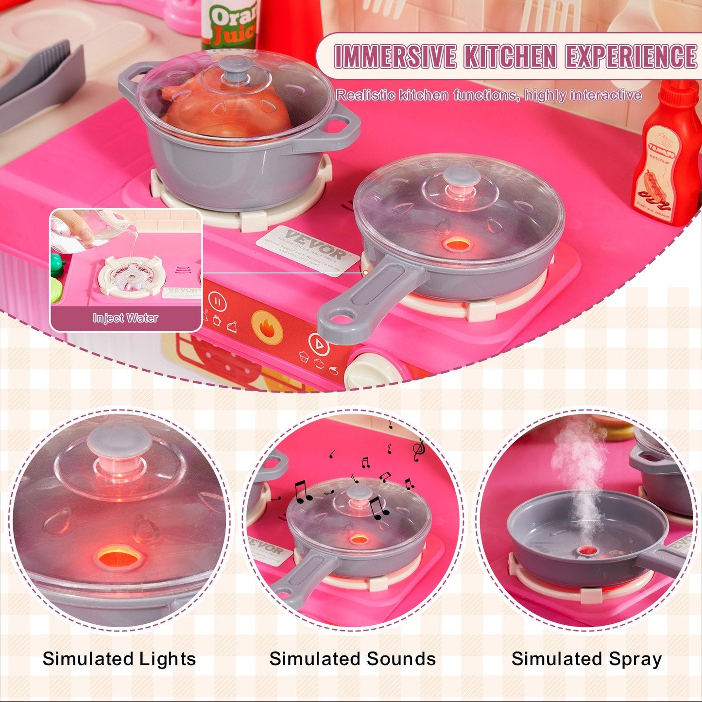 Kids' 3-in-1 Modular Kitchen Playset with 74 Accessories, Pink, 7 kg