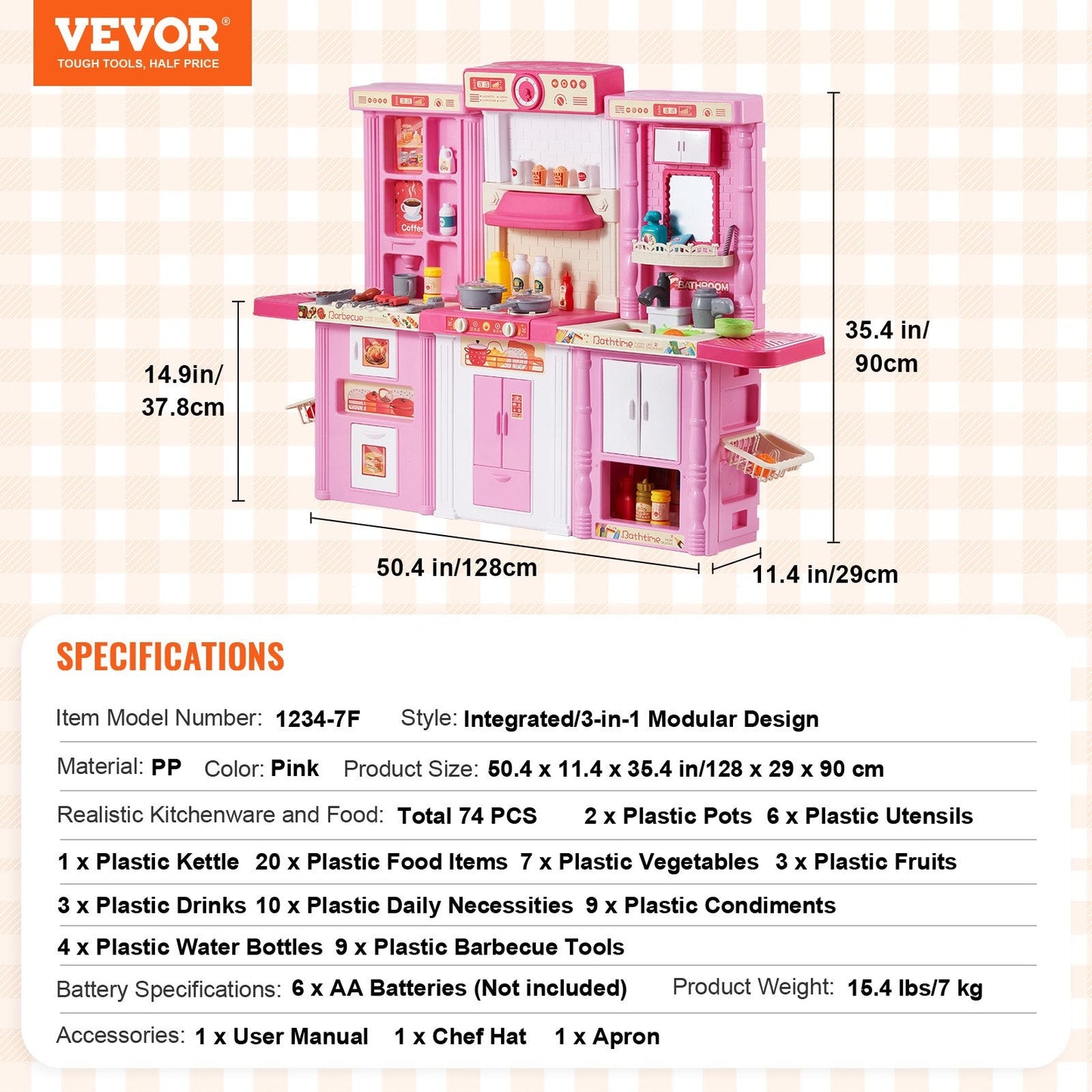 Kids' 3-in-1 Modular Kitchen Playset with 74 Accessories, Pink, 7 kg