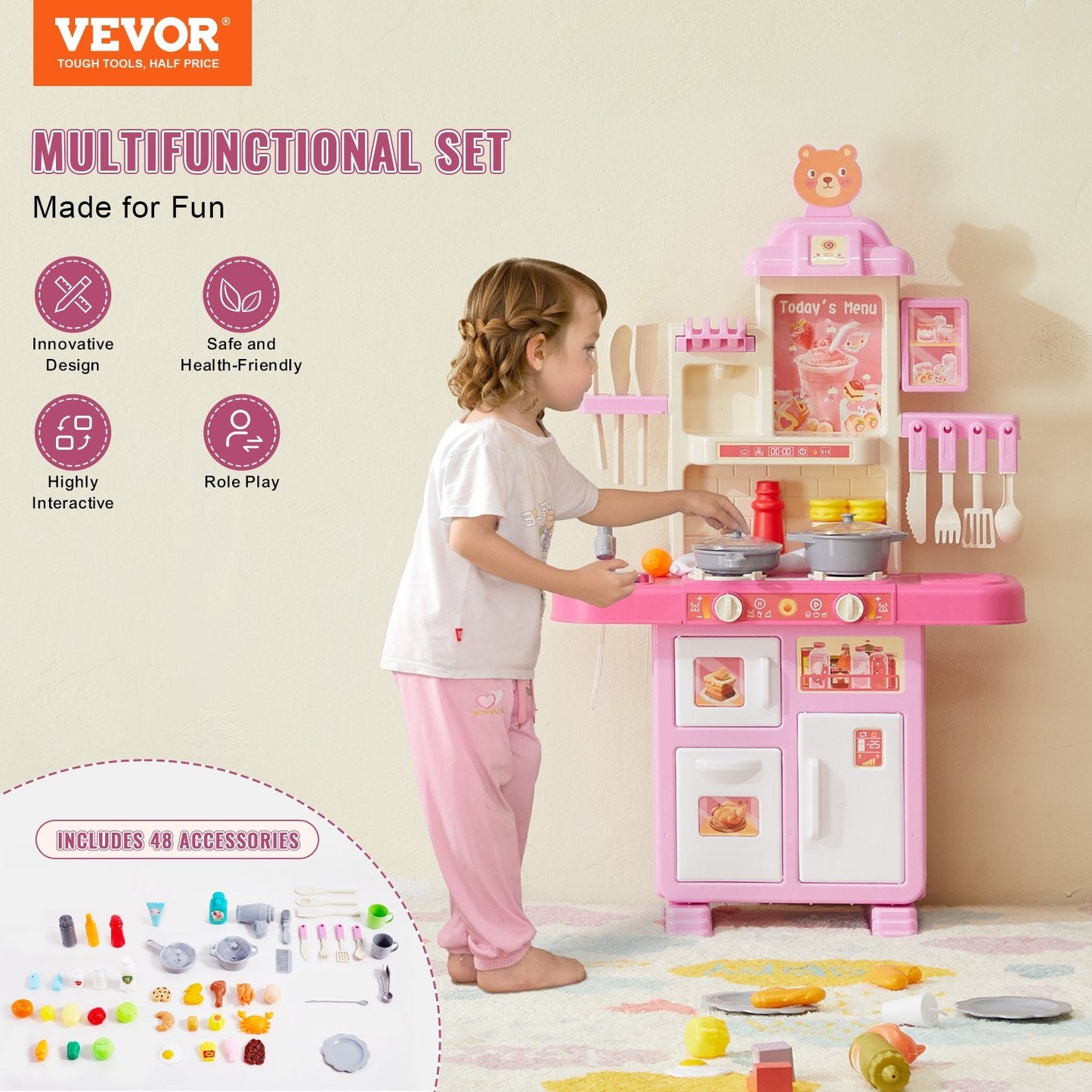 Kids Kitchen Playset with 48-Piece Accessories, Compact Design, Pink