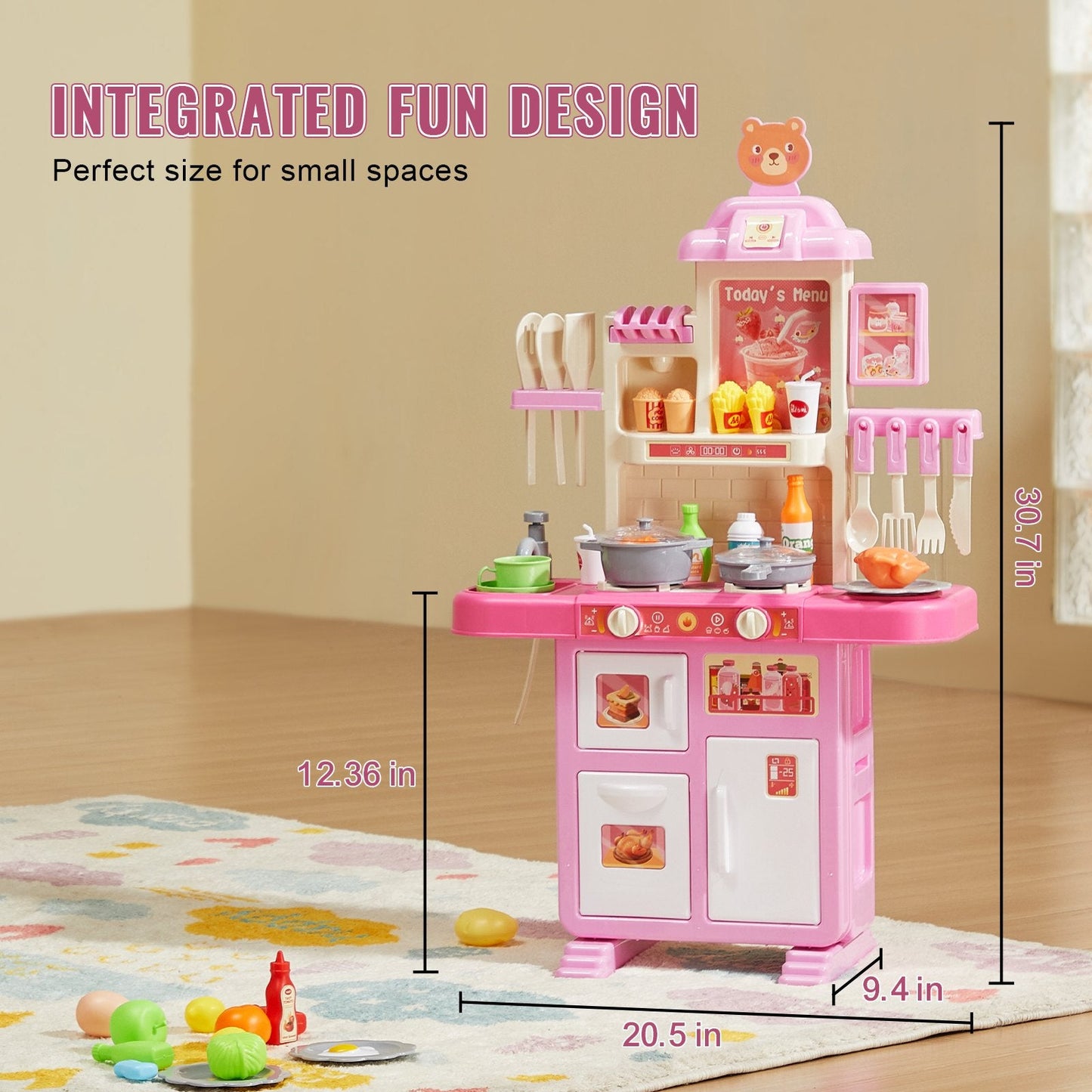 Kids Kitchen Playset with 48-Piece Accessories, Compact Design, Pink